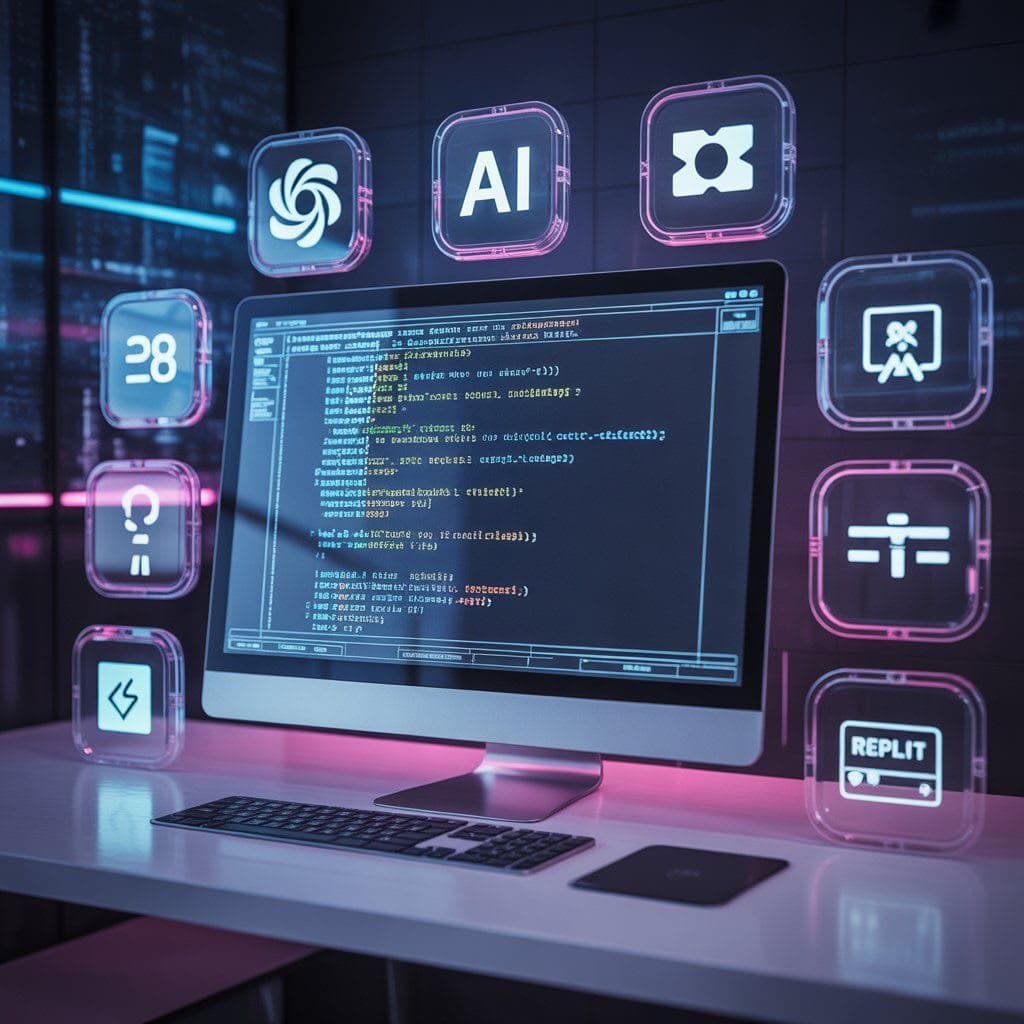 Modern AI workspace with laptop analytics, notebook, and phone setup